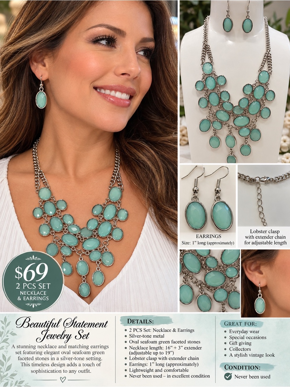 Seafoam Green Statement Necklace & Earring Set - Silver-Tone